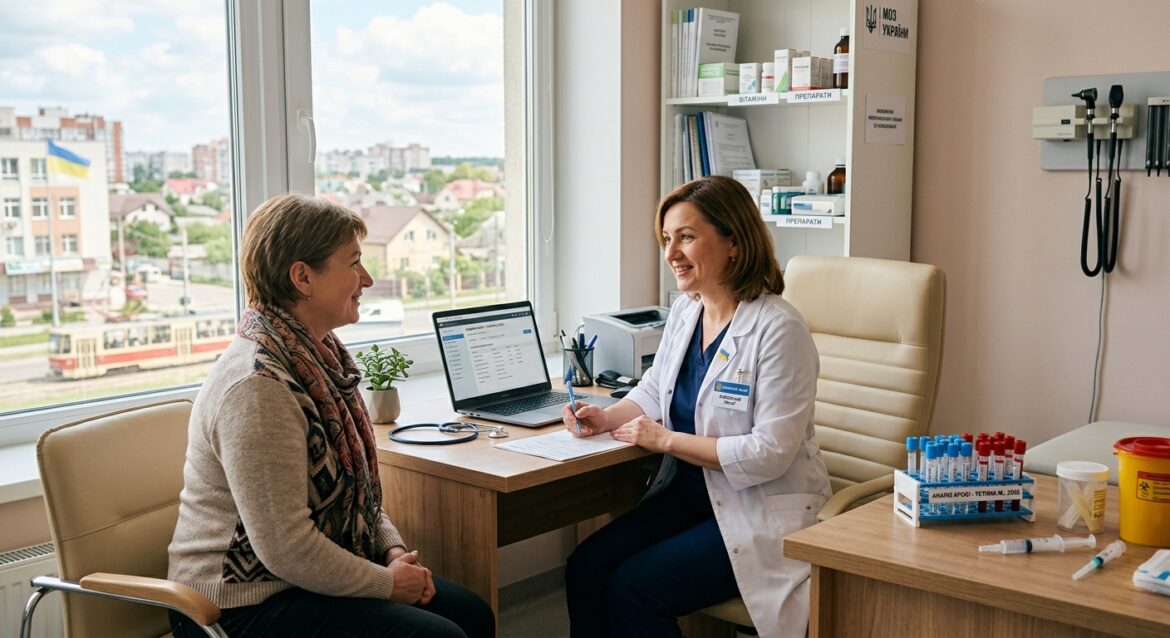 A clean and modern editorial illustration depicting a Ukrainian healthcare setting in 2026, showing a friendly family doctor in a white coat consulting with a middle-aged patient at a bright, well-equipped primary care clinic. In the background, shelves with medical supplies and a computer displaying an electronic health record. On a nearby desk, visible laboratory test tubes and sample collection materials. Soft natural light fills the room. Outside the window, a suburban Ukrainian cityscape is visible. The overall tone is warm, trustworthy, and optimistic, conveying accessible public healthcare services. Photorealistic style with soft editorial lighting.
