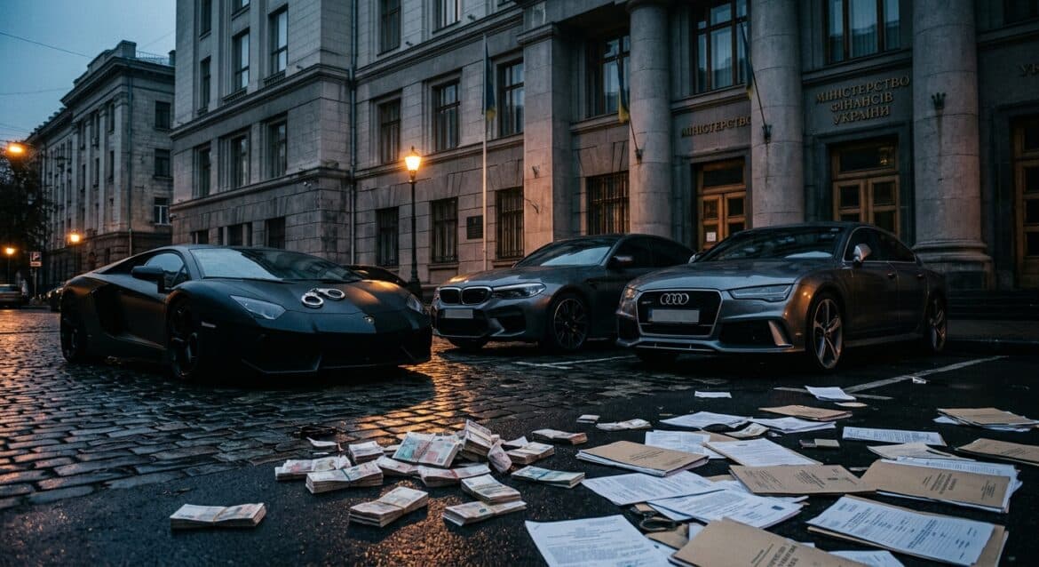 A dramatic editorial-style scene depicting symbols of corruption and financial fraud: three luxury sports cars — a Lamborghini, a BMW, and an Audi — parked in shadow near a government building facade, surrounded by stacks of Ukrainian hryvnia banknotes and official-looking documents scattered on the ground. The atmosphere is tense and cinematic, with dramatic low-angle lighting casting long shadows. A pair of handcuffs rests on the hood of one of the vehicles, symbolizing law enforcement action. The setting conveys wealth concealment, government corruption, and justice, rendered in a dark, moody photorealistic style with deep blue and amber tones.