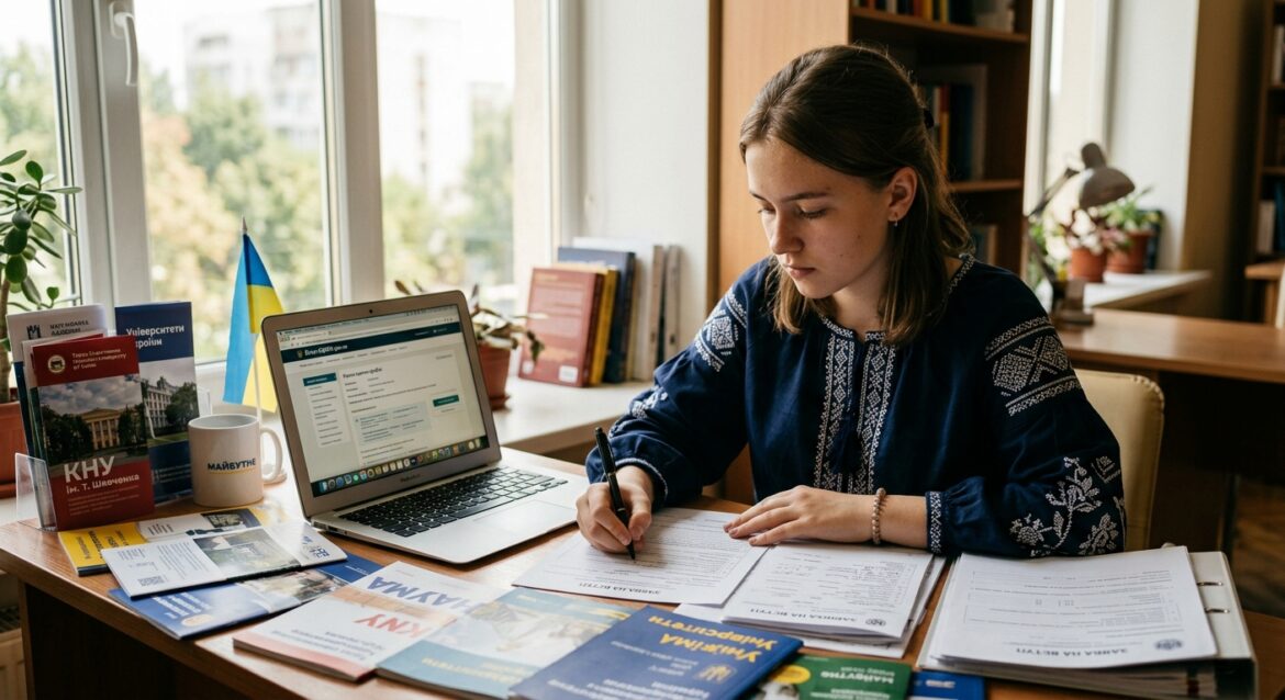 A focused Ukrainian high school graduate sitting at a desk surrounded by university brochures, application forms, and an open laptop displaying an education portal, with a thoughtful and determined expression. The scene is set in a bright, modern study room with natural light. The atmosphere conveys preparation and anticipation for university admissions. Editorial-style photography with warm, optimistic tones, slightly shallow depth of field, realistic and clean composition.