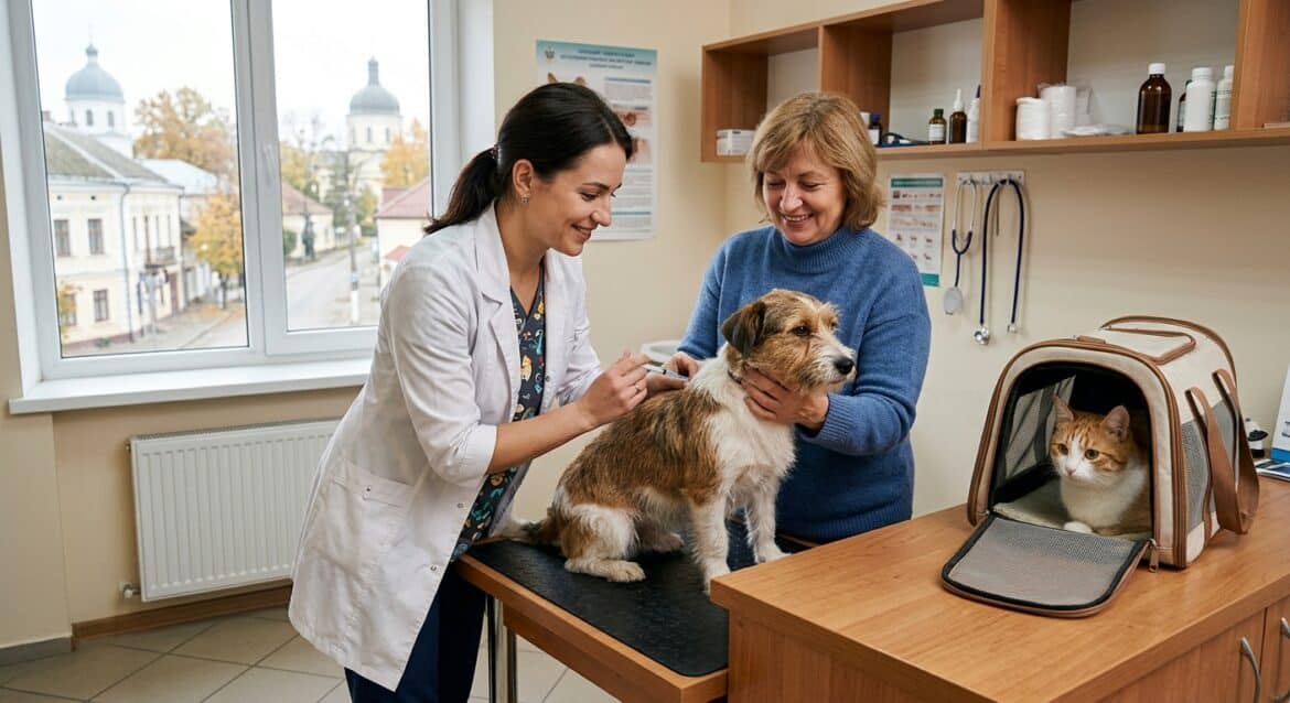 A friendly veterinary clinic scene in a Ukrainian small town setting, showing a veterinarian in a white medical coat gently vaccinating a calm domestic dog while a cat sits nearby in a carrier, bright and clean clinical interior with natural light coming through windows, a caring and professional atmosphere, warm and reassuring tone, realistic editorial photography style, no text or signage visible