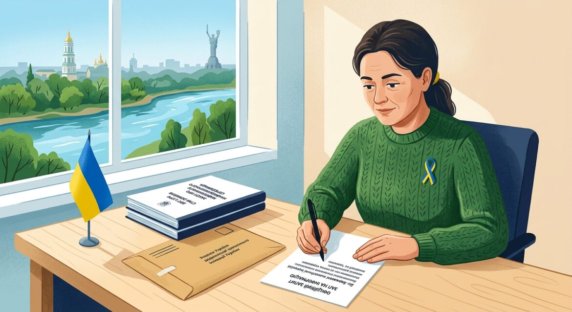 A Ukrainian citizen sitting at a desk writing a formal information request letter, with official government documents and an envelope nearby. In the background, subtle environmental imagery such as a clean river, trees, and a city skyline representing Kyiv. The setting is a bright, modern office or home workspace. The atmosphere is civic and informative, conveying transparency and citizen engagement with environmental authorities. Editorial illustration style with a clean, professional aesthetic, warm natural lighting, and a color palette of greens, blues, and neutral tones symbolizing ecology and governance.