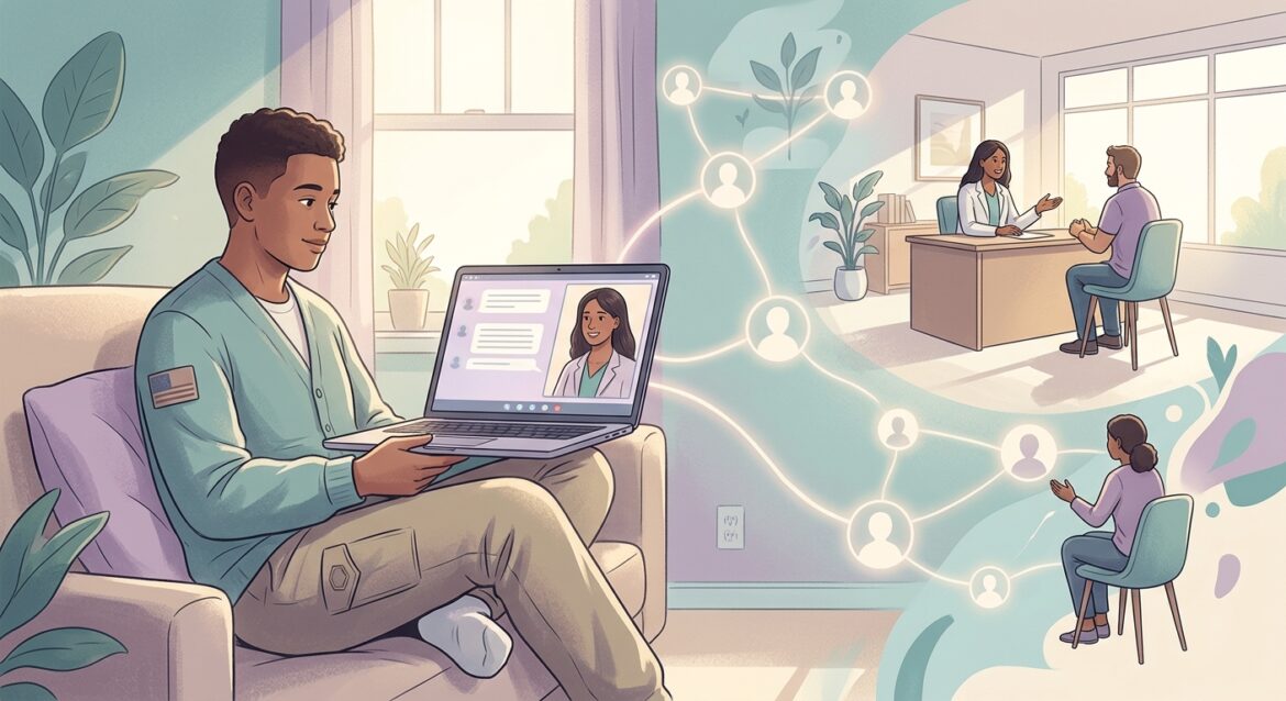 A warm and empathetic editorial illustration depicting a person sitting comfortably at home in soft natural light, holding a smartphone or laptop, visually connected to a supportive online counseling session. The atmosphere is calm and hopeful — muted teal, lavender, and warm beige tones. In the background, subtle symbolic elements suggest community and mental wellness: a gentle glowing network of human silhouettes connected by soft lines, representing support systems. A second vignette within the composition shows a welcoming modern support center with a counselor and a visitor seated across from each other in a bright, safe space. The overall mood is reassuring, compassionate, and accessible, evoking the theme of free psychological support services available to civilians, veterans, children, and families during times of stress and crisis. Soft, editorial illustration style with clean lines and a modern humanitarian feel.