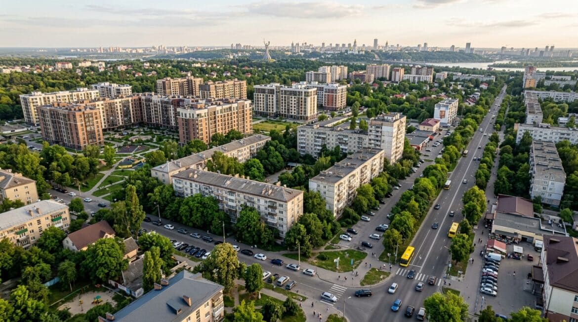A wide aerial view of a Ukrainian suburban town near Kyiv, showing a mix of modern residential apartment buildings and older Soviet-era housing blocks surrounded by green trees and wide roads. In the background, the distant city skyline of Kyiv is faintly visible on the horizon. The scene captures a quiet, everyday suburban atmosphere with parked cars, pedestrians, and public transportation on tree-lined streets. Warm golden-hour lighting, realistic photographic style, editorial quality, high detail.