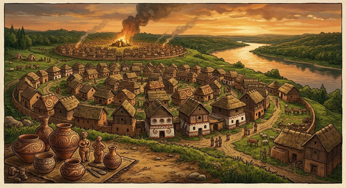 A dramatic, atmospheric wide-angle illustration of an ancient Trypillia proto-city settlement in the Ukrainian landscape, with large circular arrangements of two-story clay and timber houses decorated with spiral ornamental patterns and round circular windows, set on a green river bank at golden hour. Smoke rises from a ceremonial burning of one section of the village in the background, illuminating the sky with warm orange and amber tones. In the foreground, clay pottery with intricate spiral designs and small female figurines are arranged on the earth. The Dnipro River glints in the distance beneath a dramatic dusk sky. The scene has a mystical, ancient quality rendered in a detailed editorial illustration style with rich earthy tones of ochre, sienna, and deep green.