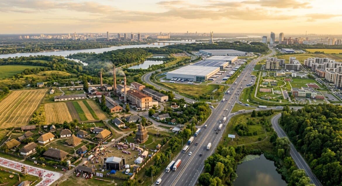 A sweeping aerial view of the Kyiv region (Kyiv Oblast) in Ukraine, showing a dramatic visual contrast between past and present — on one side, traditional Ukrainian rural architecture with thatched-roof cottages, collective farm fields, and Soviet-era industrial buildings, gradually transitioning into a modern landscape of gleaming logistics warehouses along major highways, contemporary residential neighborhoods, green suburban areas, and cultural festival grounds. In the foreground, a reconstructed traditional Ukrainian village with folk architecture sits beside a modern city skyline on the horizon. The scene is bathed in warm golden light, evoking resilience and transformation. The mood is hopeful and dynamic, with lush agricultural fields, modern infrastructure, and hints of cultural heritage — embroidered patterns, folk art motifs — woven subtly into the landscape composition. Photorealistic editorial style, wide-angle perspective, vibrant yet grounded color palette.