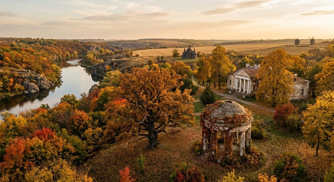 A warm, golden-hour autumn landscape in rural Ukraine, editorial travel photography style. Foreground shows the weathered stone ruins of an old rotunda gazebo on a hill, half-covered in ivy, surrounded by a sprawling 19th-century arboretum park with over a hundred varieties of trees in fiery red, orange, and yellow foliage, including one massive ancient oak with a thick gnarled trunk. In the mid-distance, a partially preserved classical manor house with elegant white columns stands beneath tall old linden trees shedding golden leaves. Nearby, a river cuts through granite outcrops forming small canyon-like banks lined with colorful autumn trees reflecting in calm water. In the background, a small wooden church built without nails, dark aged timber, simple traditional Ukrainian architecture, standing quietly among fields. Rolling wheat fields stretch toward the horizon under soft late-afternoon light, with a few old wooden windmills and deep earthen ravines visible in the distance. Cinematic, atmospheric lighting with long shadows, muted warm color palette, painterly realism, sense of quiet solitude and forgotten history, no people, no text.