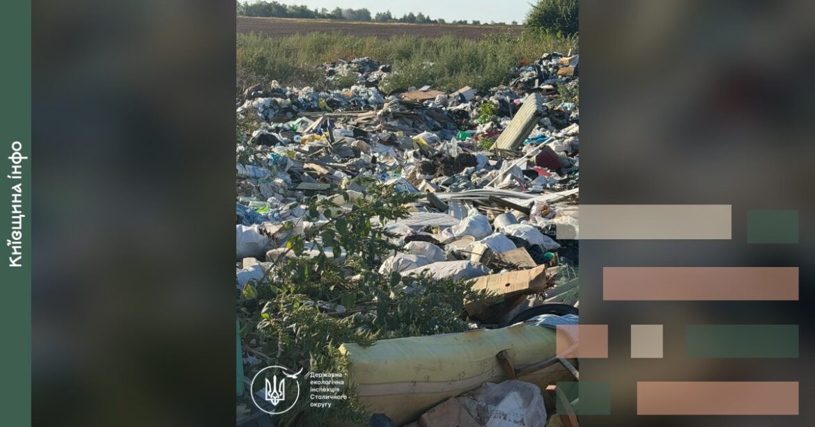 Стихійне сміттєзвалище в селі Сухоліси з накопиченим побутовим сміттям, будівельними матеріалами та металевою тарою серед