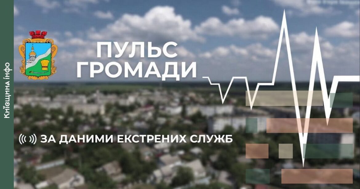 Панорама міста Баришівської громади з логотипом Київської область та графіком пульсу, що символізує еженедельний звіт про