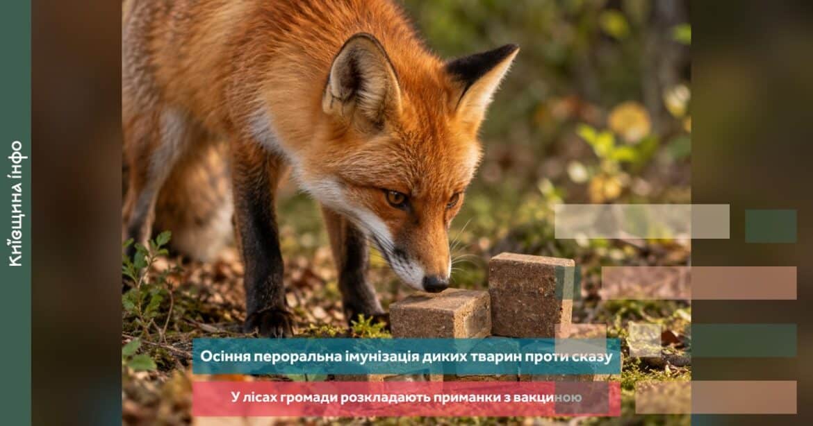 Лисиця нюхає землю в лісі, де розкладають приманки з вакциною від сказу на Київщині