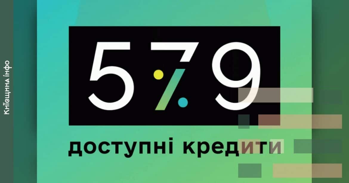 Логотип програми «Доступні кредити 5-7-9%» на зеленому фоні з написом про кредитування українського бізнесу