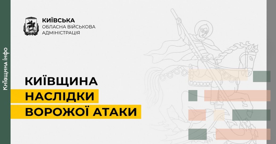 Логотип Київської обласної військової адміністрації та силует вершника з копʼєю на фоні карти з позначками пошкоджень від