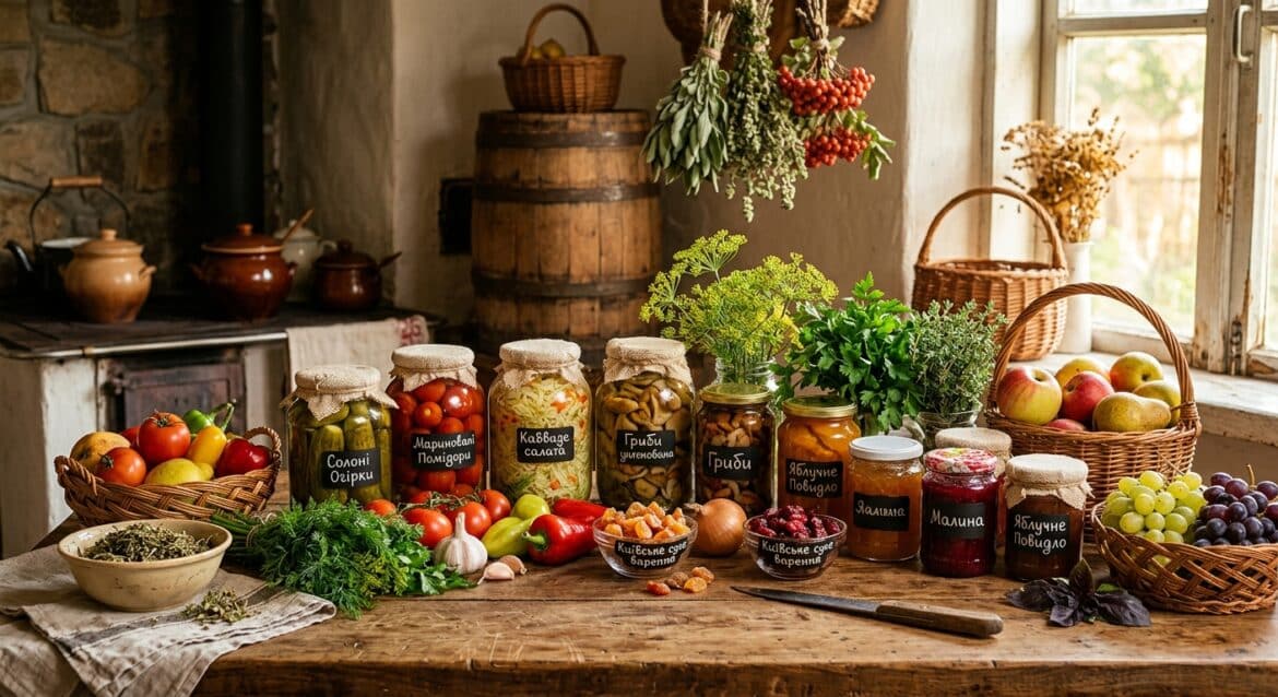 A rustic autumn still-life editorial photograph showcasing an abundant harvest table in a countryside Ukrainian farmhouse kitchen, warm golden afternoon light streaming through a window. The wooden table is covered with rows of glass jars filled with homemade pickled vegetables — cucumbers, tomatoes, cabbage, marinated mushrooms — alongside jars of colorful jam, thick fruit preserves, and small bowls of dried candied fruit resembling old-fashioned Kyiv dry preserves. Fresh vegetables like tomatoes, cucumbers, peppers, and bunches of dill and herbs are scattered around the jars, with a few wicker baskets holding apples and pears. In the background, a rustic wooden barrel and hanging bundles of dried herbs add to the authentic farm atmosphere. The overall mood is warm, cozy, and abundant, evoking traditional Ukrainian autumn harvest and home canning culture. Shot in a natural, editorial food-photography style with soft depth of field, rich autumn color palette of deep reds, ambers, and greens, high detail, realistic textures of glass, wood, and fresh produce.