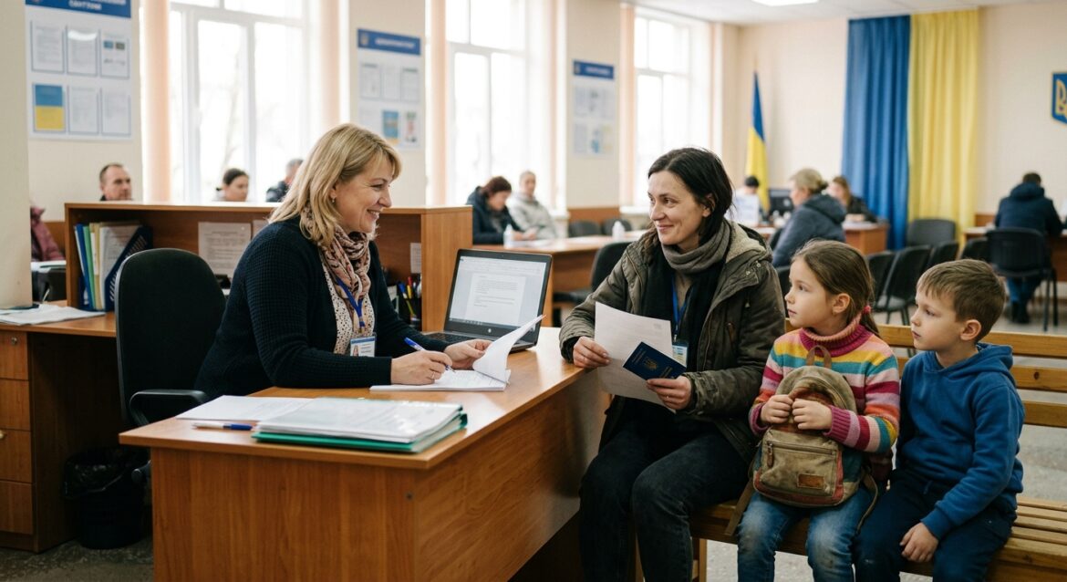 A warm, editorial-style photograph inside a bright administrative service center in Ukraine, depicting a compassionate moment of support: a friendly social worker at a reception desk helping a displaced family — a tired but hopeful mother holding documents and an ID card, with two children beside her, one clutching a small backpack. Soft natural light streams through large windows, illuminating informational posters and a Ukrainian flag subtly placed in the background. The setting feels organized and welcoming, with a queue of other people waiting calmly nearby, a laptop and paperwork on the desk, and a sense of quiet reassurance and bureaucratic order. The color palette is soft blue and warm neutral tones, evoking hope, stability, and human dignity amid hardship. The style should be realistic, documentary-like, with gentle depth of field and natural, empathetic lighting — no visible text, signage, or logos.