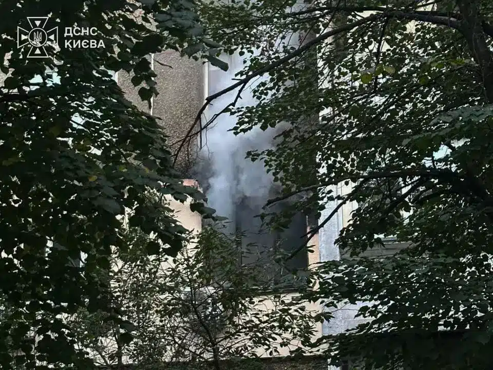 Вид крізь листя на палаючу квартиру в багатоповерховому будинку зі слідами диму та полум'я