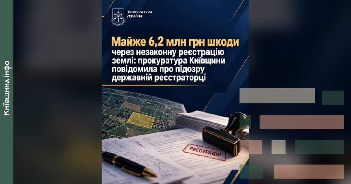 Логотип Прокуратури України, земельна ділянка на аерофото, печатка реєстрації на документі та ручка, ілюстрація до