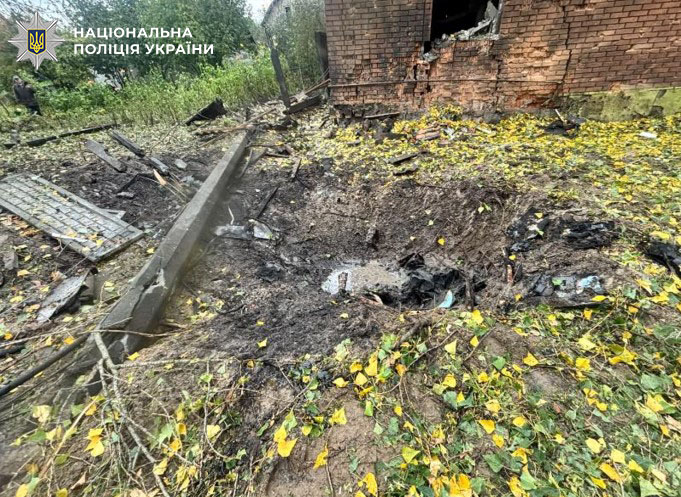 Залишки будинку з пошкодженнями від дронної атаки та стовбури дерев у заростях рослинності