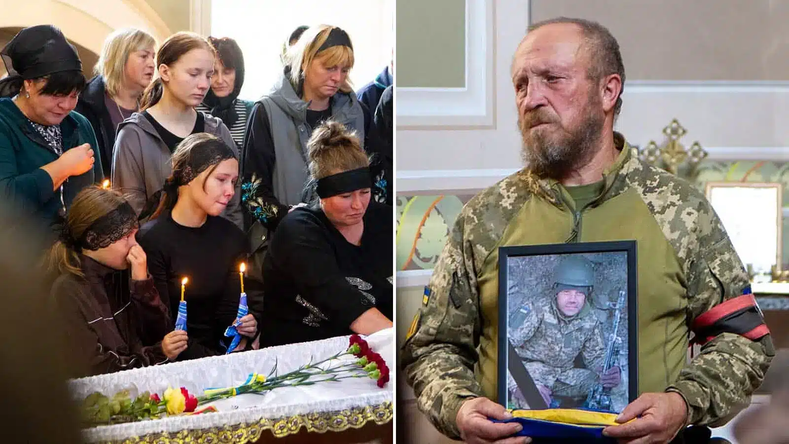 Люди з запаленими свічками стоять біля труни під час прощального богослужіння у храмі