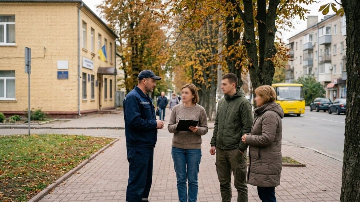 Поліцейський розмовляє з трьома громадянами на вулиці міста Київщини під час реалізації програм служби зайнятості