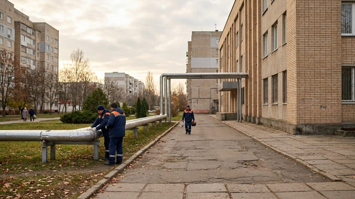 Робітники в синій робочому одязі працюють біля великої металевої труби в житловому районі Фастова восени